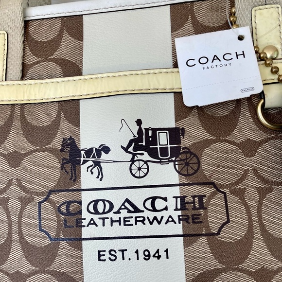 NWT Coach Heritage Stripe small tote white, brown and yellow - Picture 2 of 16